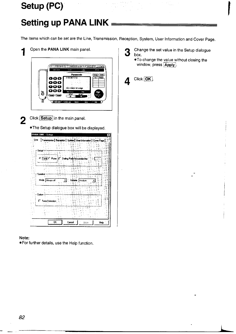 Setup (pc) setting up pana link | Panasonic KXFLM600NZ User Manual | Page 82 / 139