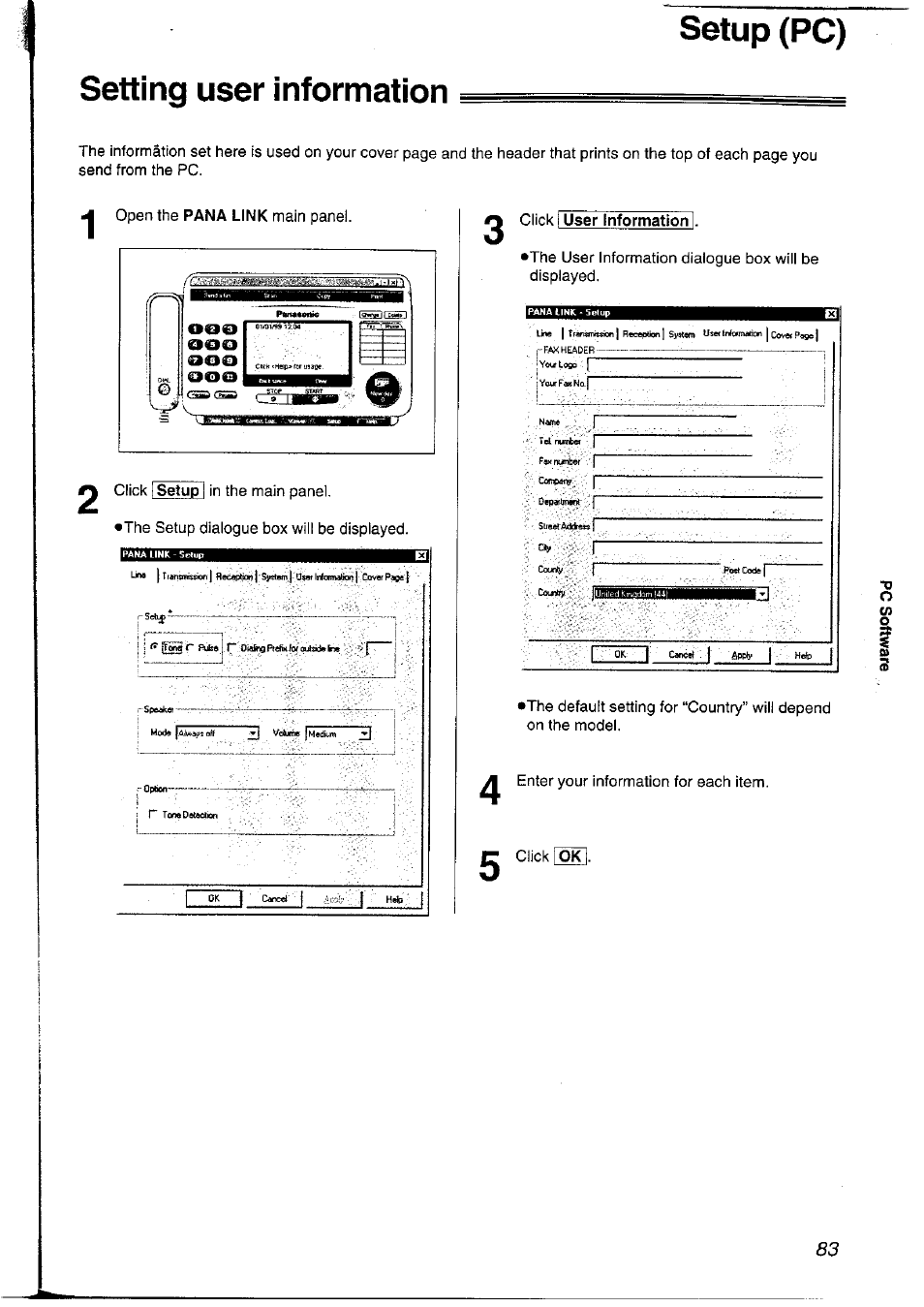 Setup (pc), Click user information l, Setup (pc) setting user information | Panasonic KXFLM600NZ User Manual | Page 83 / 139