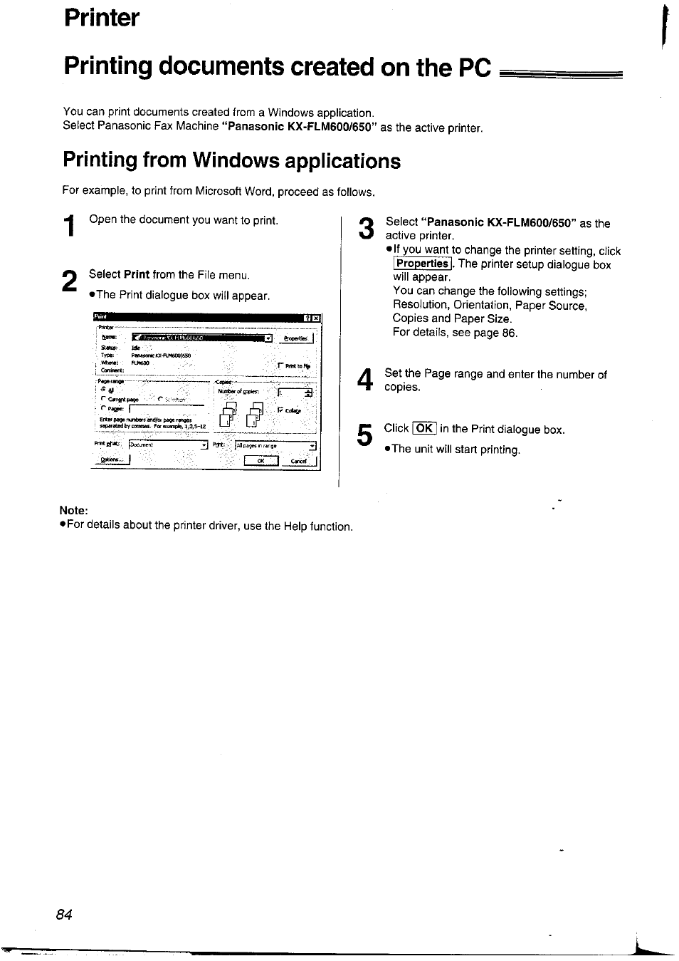 Printing documents created on the pc, Printing from windows applications, Printer 1 | Panasonic KXFLM600NZ User Manual | Page 84 / 139