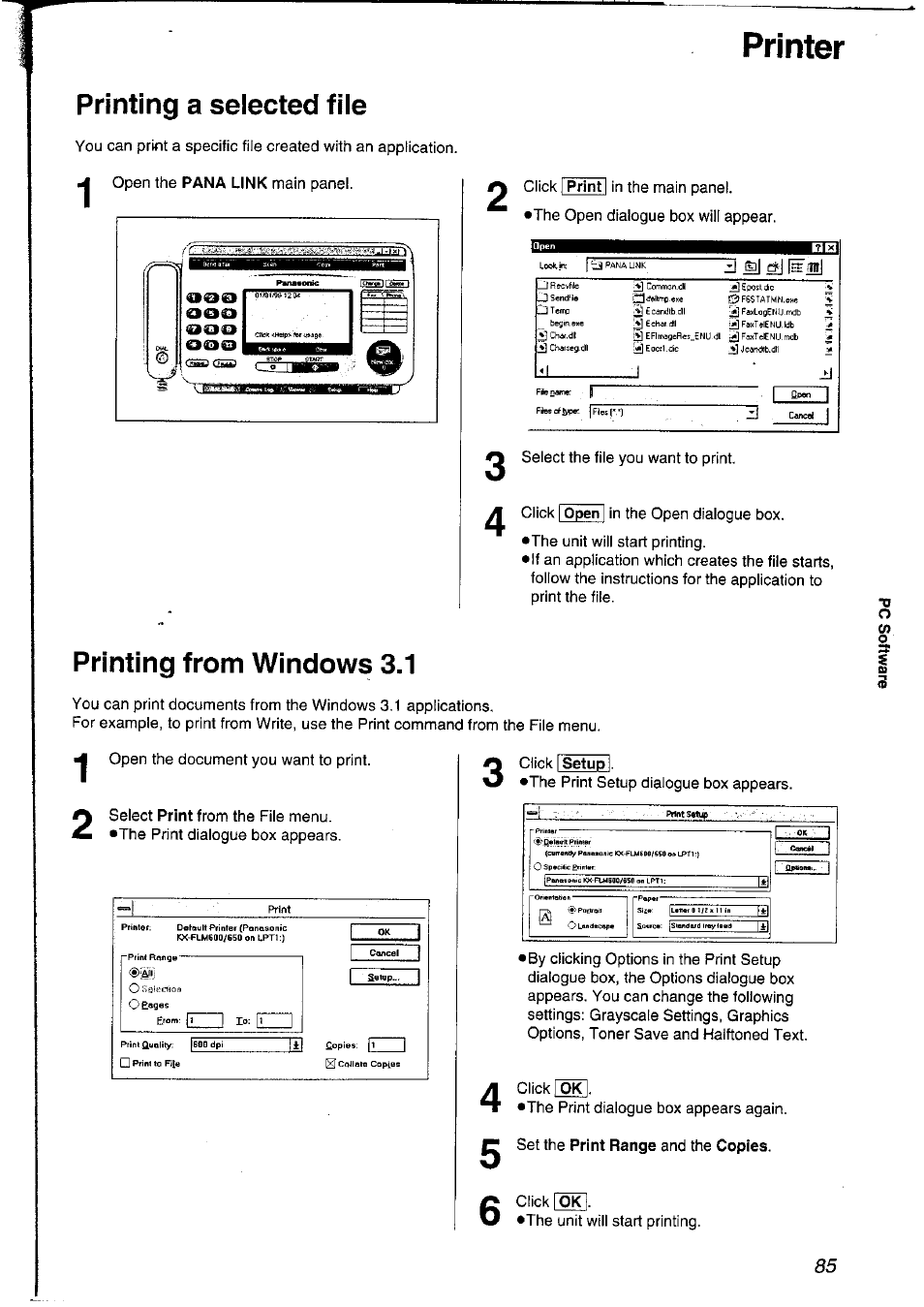 Printer, Printing a selected file, Printing from windows 3.1 | Panasonic KXFLM600NZ User Manual | Page 85 / 139