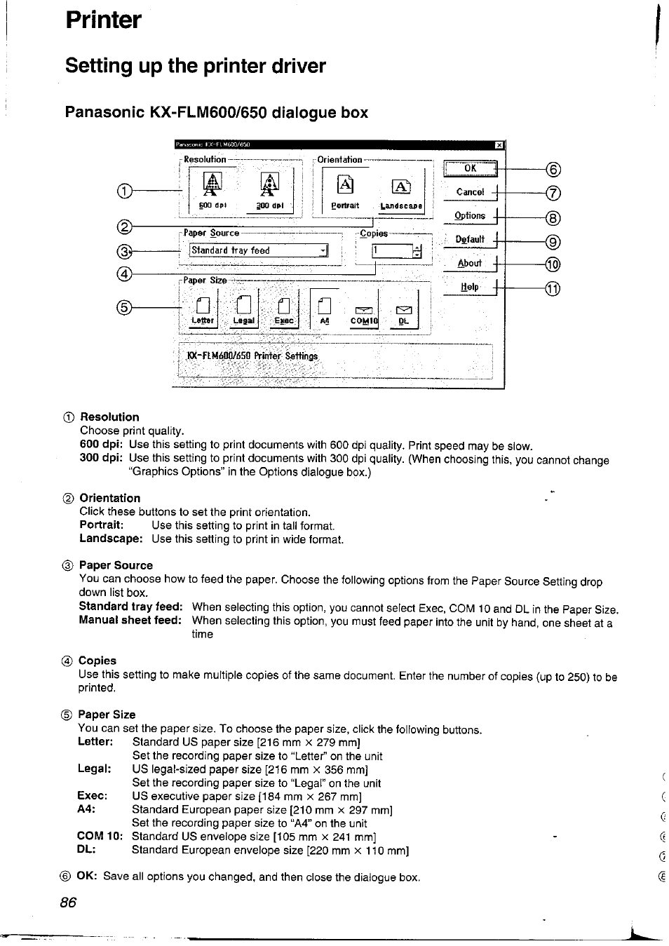 Panasonic kx-flm600/650 dialogue box, 0 resolution, 0 orientation | 3) paper source, 0 copies, 0 paper size, Printer, A □ q, Setting up the printer driver | Panasonic KXFLM600NZ User Manual | Page 86 / 139