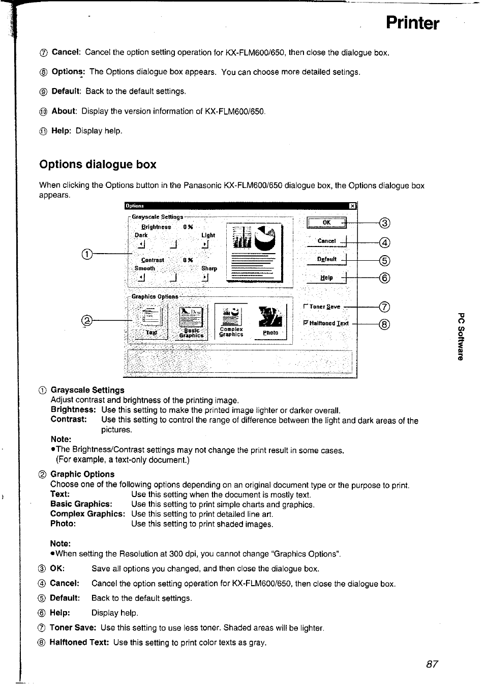 Printer, Options dialogue box, 0 grayscale settings | Note | Panasonic KXFLM600NZ User Manual | Page 87 / 139