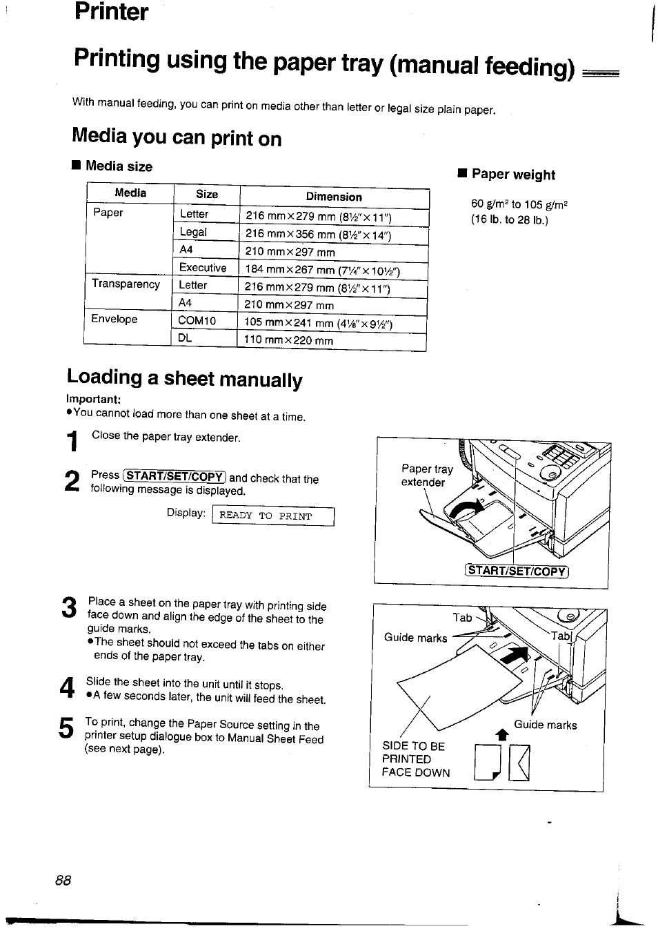 Printing using the paper tray (manual feeding), Media you can print on, Loading a sheet manually | Printer | Panasonic KXFLM600NZ User Manual | Page 88 / 139