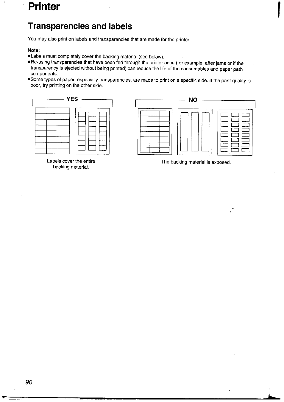 Transparencies and labels, Printer | Panasonic KXFLM600NZ User Manual | Page 90 / 139