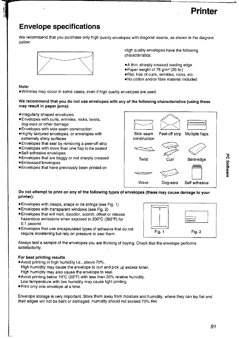 Printer, Envelope specifications, Note | For best printing results | Panasonic KXFLM600NZ User Manual | Page 91 / 139