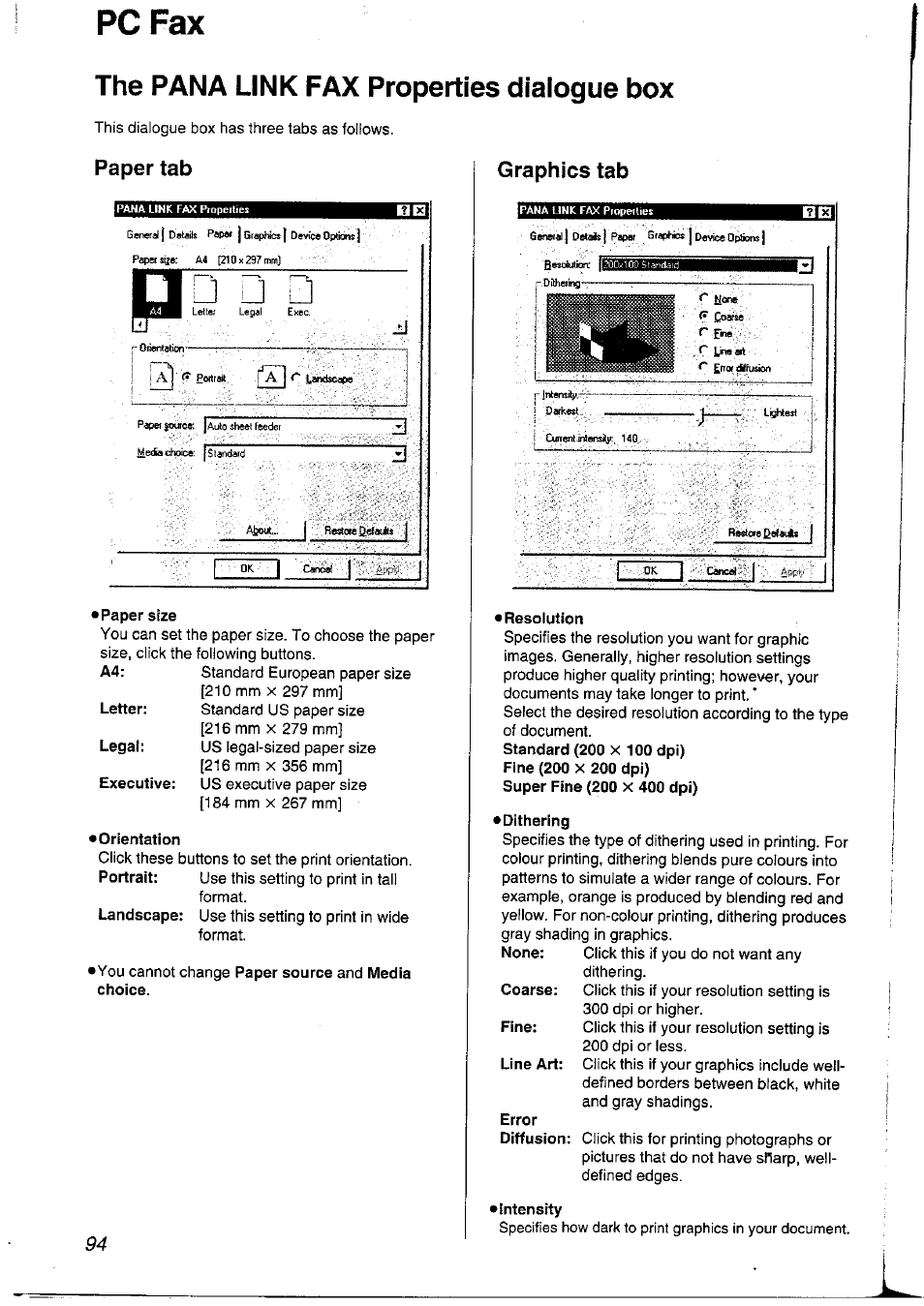 The pana link fax properties dialogue box, Paper tab, Graphics tab | Pc fax | Panasonic KXFLM600NZ User Manual | Page 94 / 139