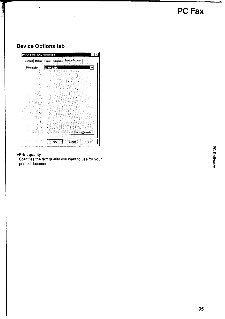 Device options tab, Print quality, Pc fax | Panasonic KXFLM600NZ User Manual | Page 95 / 139