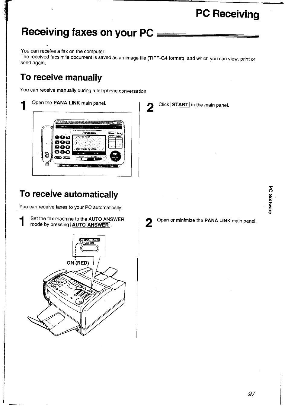 Pc receiving, Receiving faxes on your pc, To receive manually | To receive automatically, Pc receiving receiving faxes on your pc | Panasonic KXFLM600NZ User Manual | Page 97 / 139