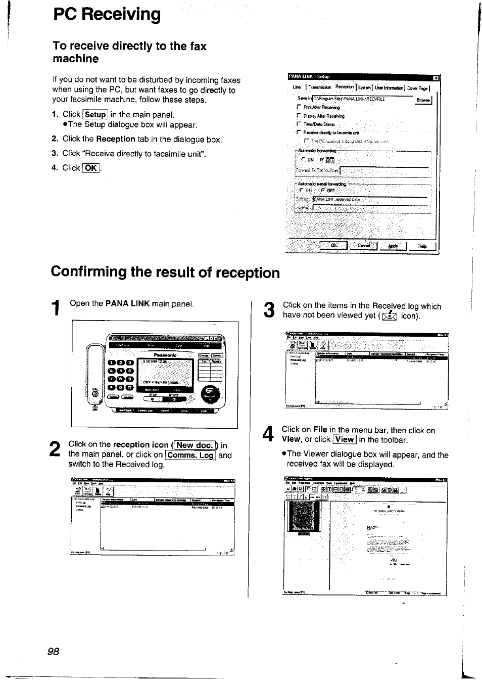 Pc receiving, To receive directly to the fax machine, Confirming the result of reception | Panasonic KXFLM600NZ User Manual | Page 98 / 139