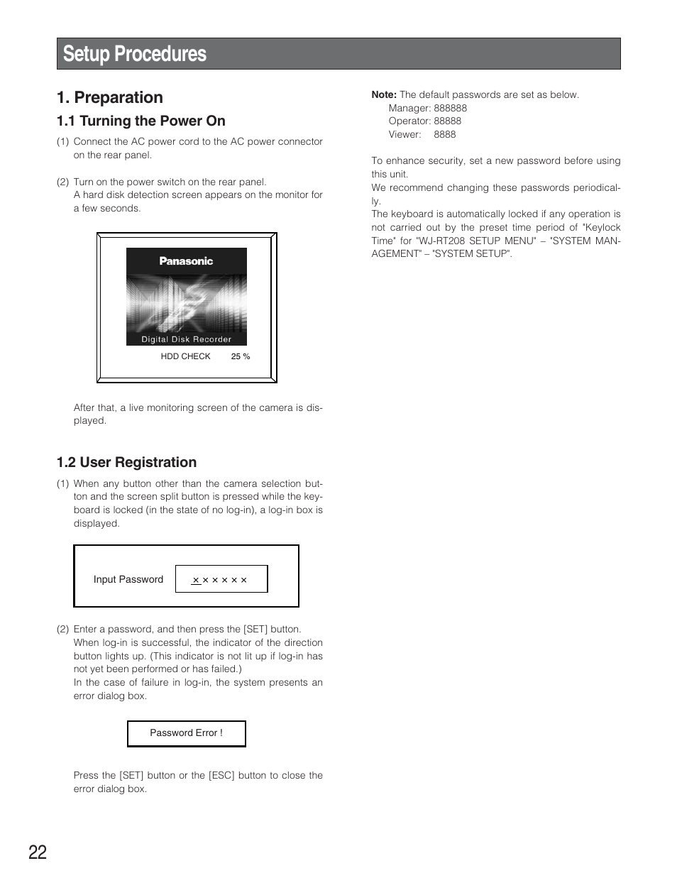 Setup procedures, Preparation, Operation | 1 turning the power on, 2 user registration | Panasonic WJ-RT208 User Manual | Page 22 / 62