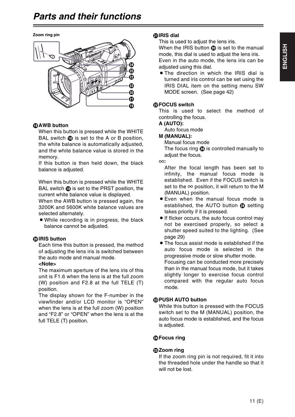 Parts and their functions | Panasonic AG-DVX100A User Manual | Page 11 / 72