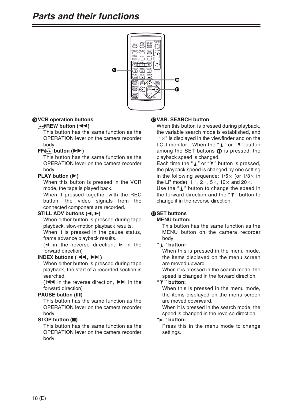 Parts and their functions, 18 (e) | Panasonic AG-DVX100A User Manual | Page 18 / 72