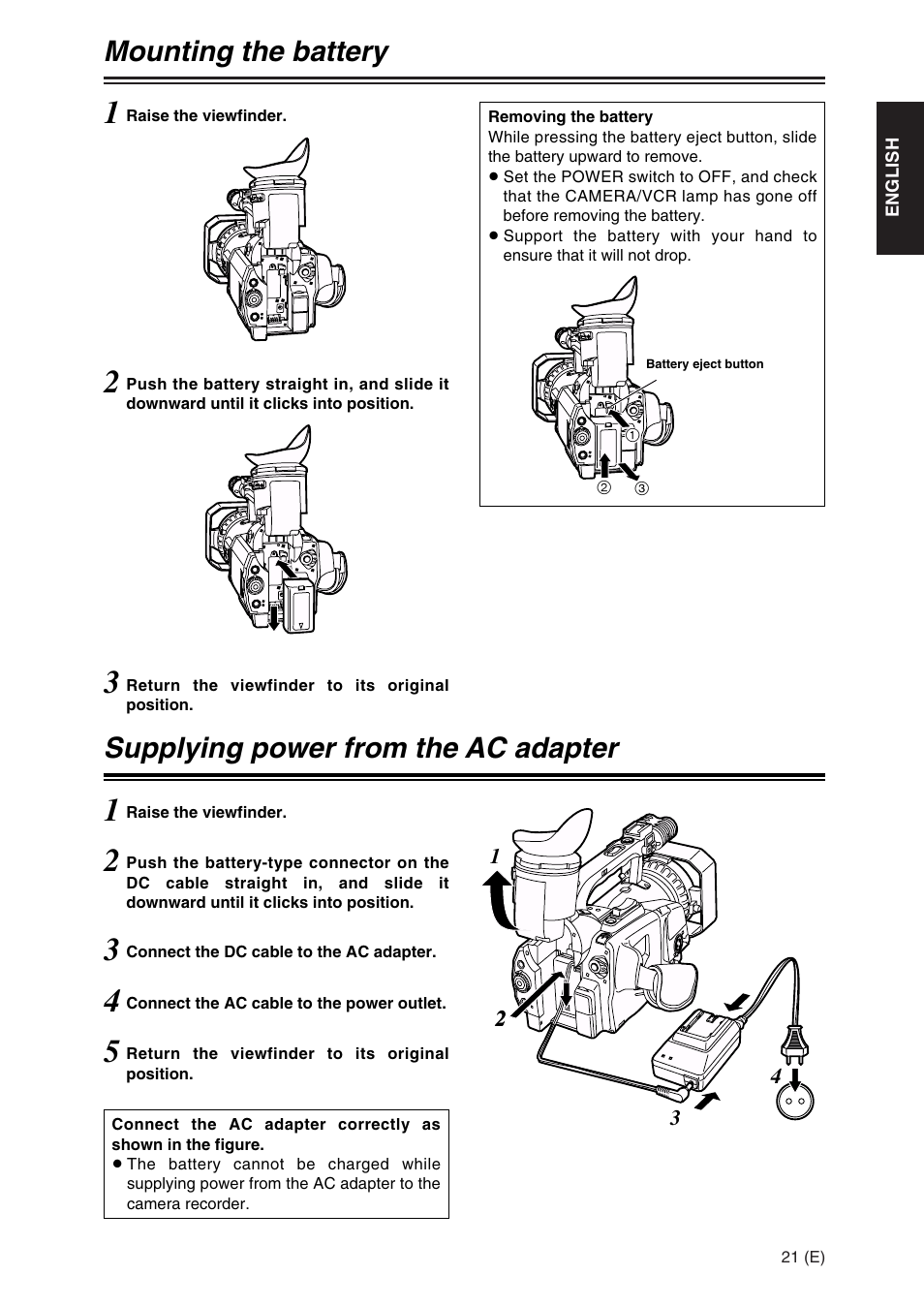 Mounting the battery, Supplying power from the ac adapter | Panasonic AG-DVX100A User Manual | Page 21 / 72
