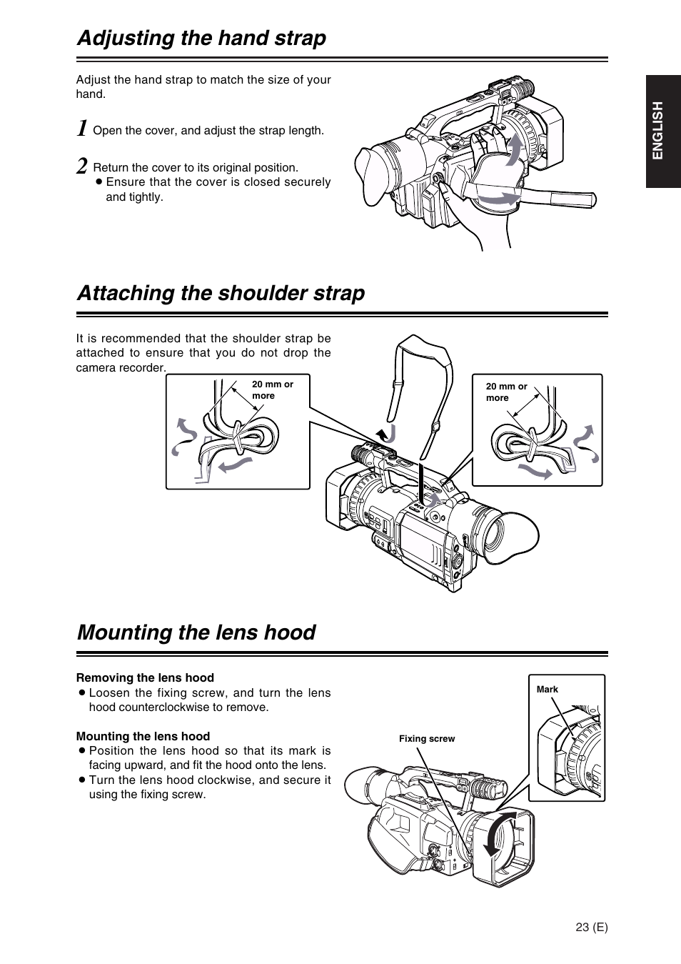 Adjusting the hand strap, Attaching the shoulder strap, Mounting the lens hood | Panasonic AG-DVX100A User Manual | Page 23 / 72