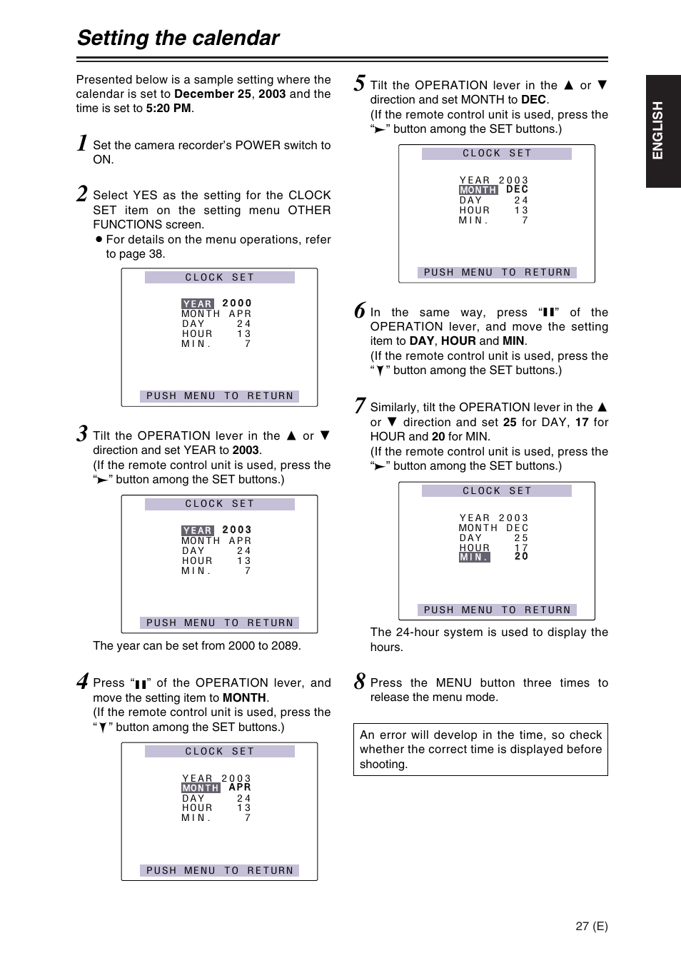Setting the calendar | Panasonic AG-DVX100A User Manual | Page 27 / 72