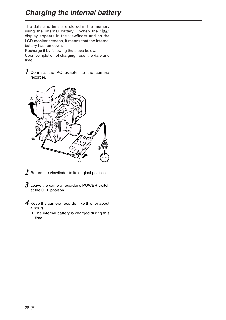 Charging the internal battery | Panasonic AG-DVX100A User Manual | Page 28 / 72