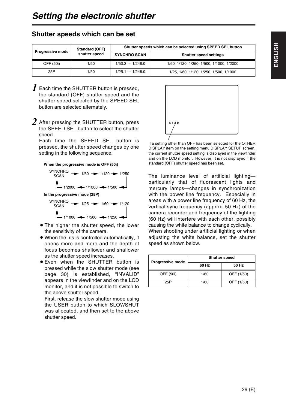 Setting the electronic shutter, Shutter speeds which can be set, English | Panasonic AG-DVX100A User Manual | Page 29 / 72