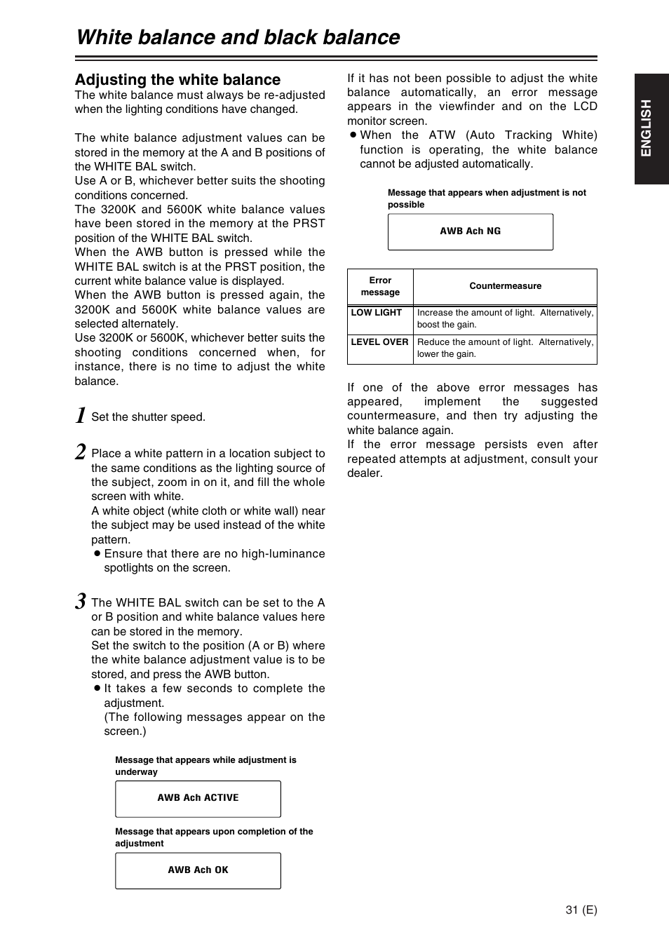 White balance and black balance, Adjusting the white balance | Panasonic AG-DVX100A User Manual | Page 31 / 72