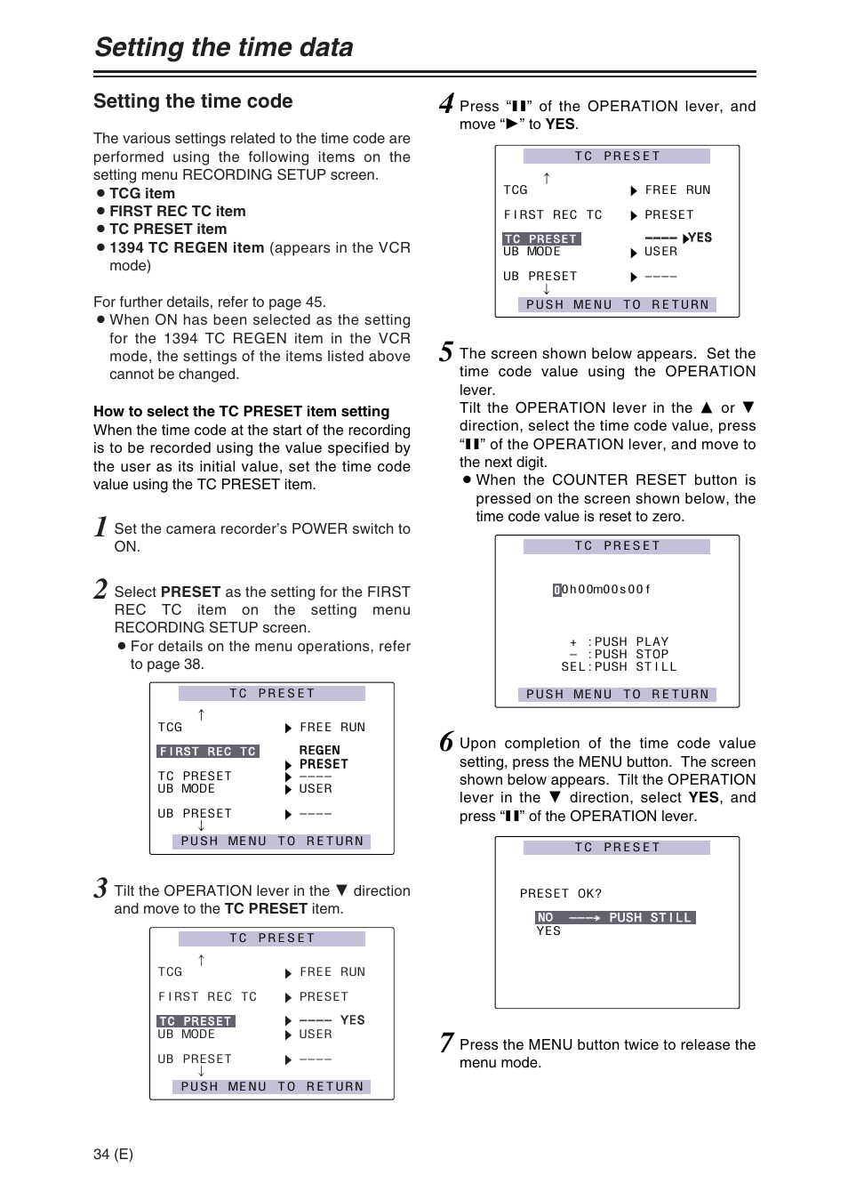 Setting the time data, Setting the time code | Panasonic AG-DVX100A User Manual | Page 34 / 72