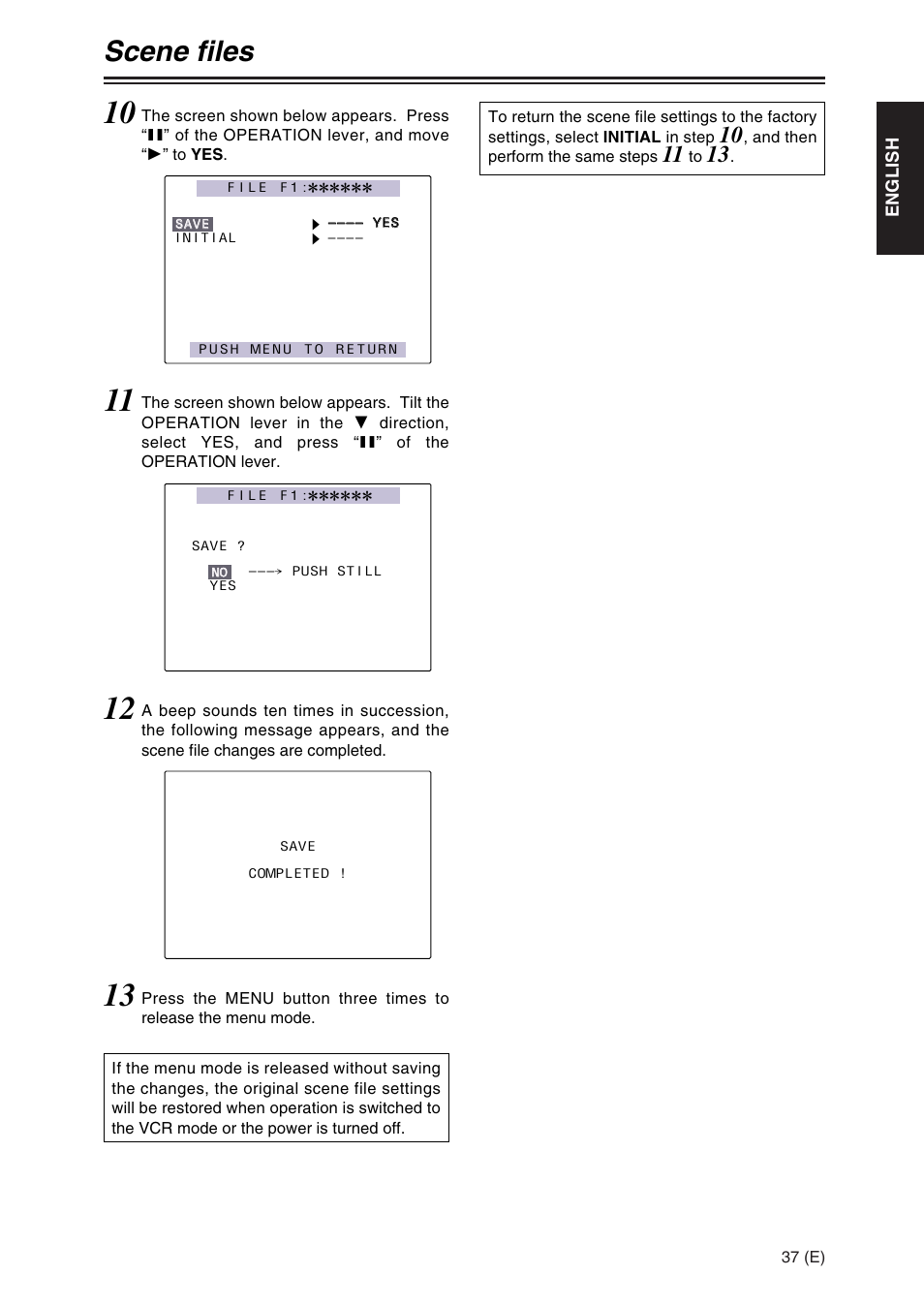 Scene files, English | Panasonic AG-DVX100A User Manual | Page 37 / 72