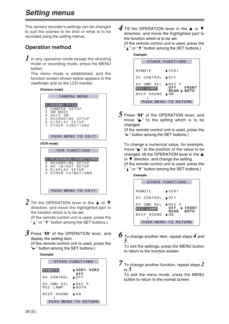 Setting menus, Operation method | Panasonic AG-DVX100A User Manual | Page 38 / 72