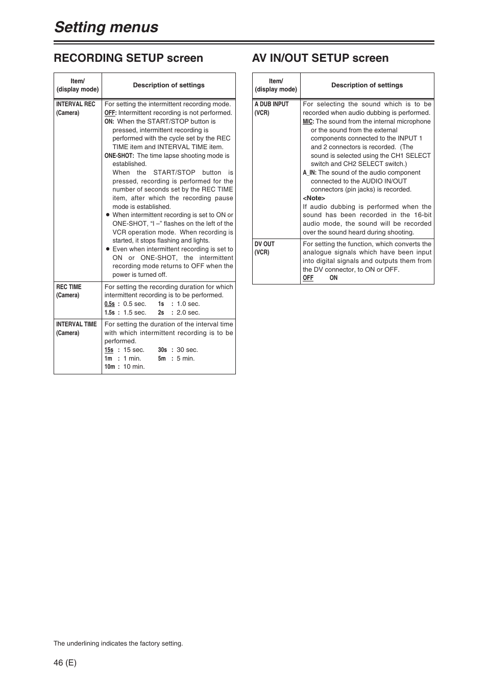 Setting menus, Av in/out setup screen, Recording setup screen | Panasonic AG-DVX100A User Manual | Page 46 / 72