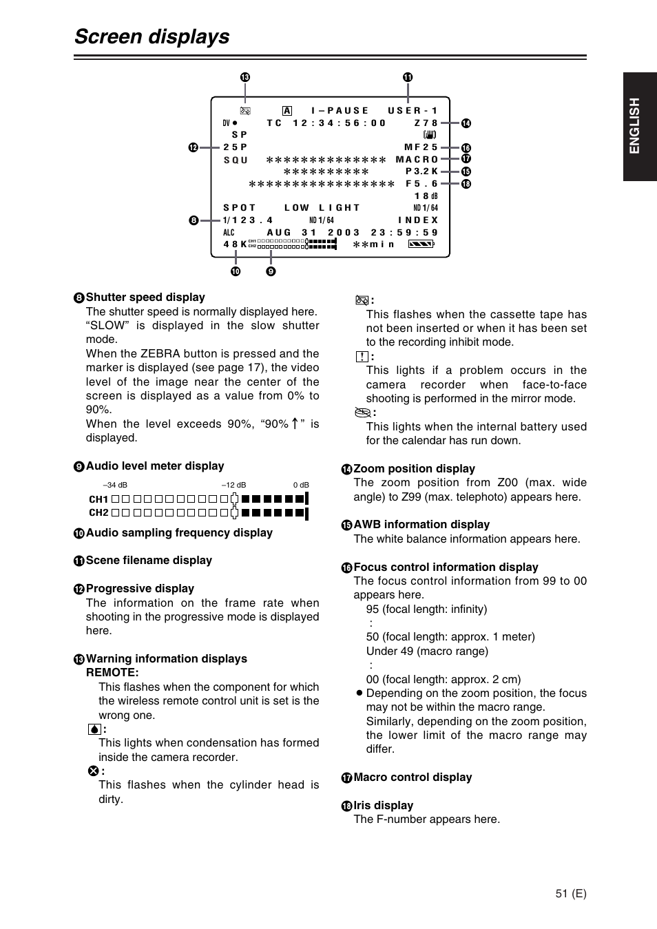 Screen displays, English | Panasonic AG-DVX100A User Manual | Page 51 / 72
