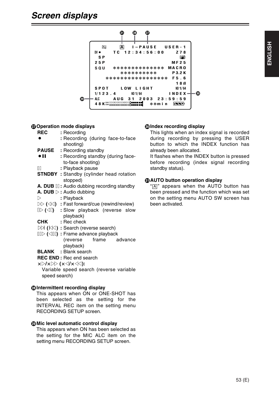 Screen displays | Panasonic AG-DVX100A User Manual | Page 53 / 72