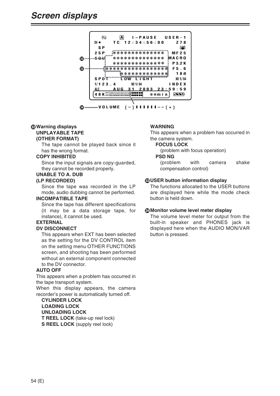 Screen displays | Panasonic AG-DVX100A User Manual | Page 54 / 72
