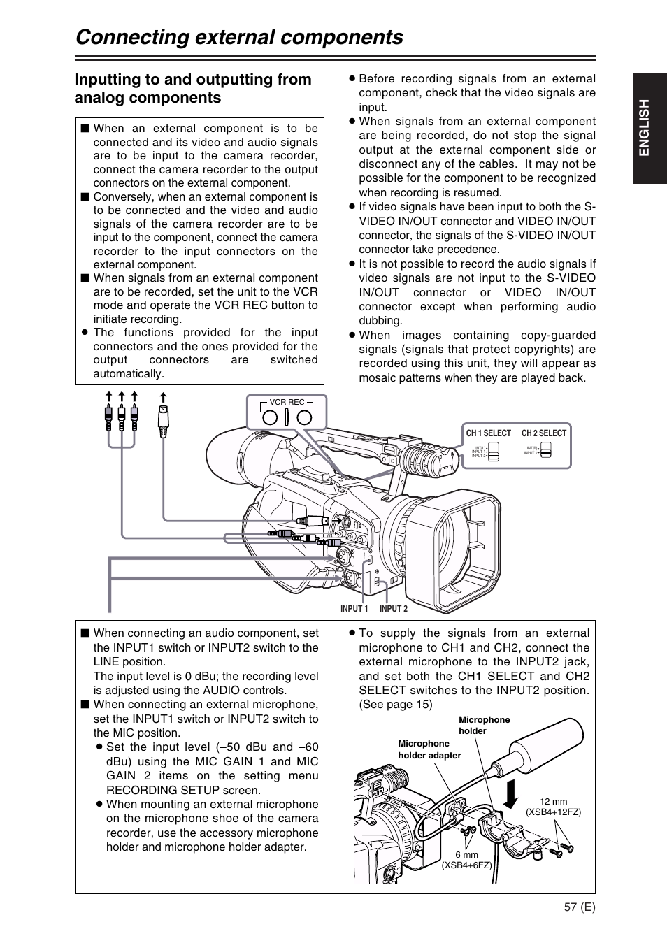 Connecting external components, Inputting to and outputting from analog components | Panasonic AG-DVX100A User Manual | Page 57 / 72