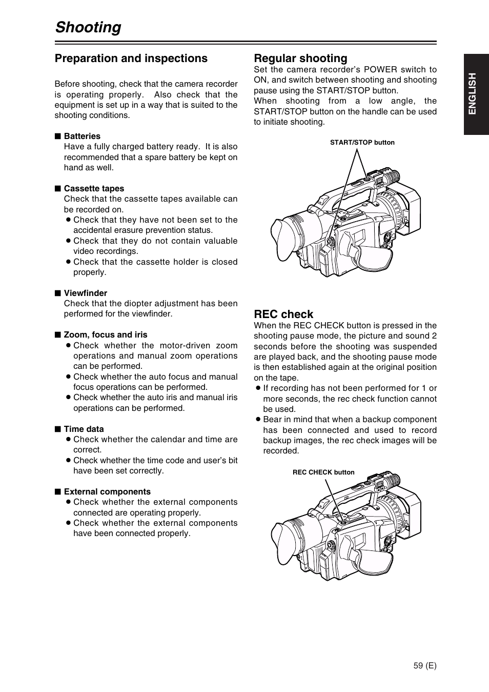 Shooting, Preparation and inspections, Regular shooting | Rec check | Panasonic AG-DVX100A User Manual | Page 59 / 72