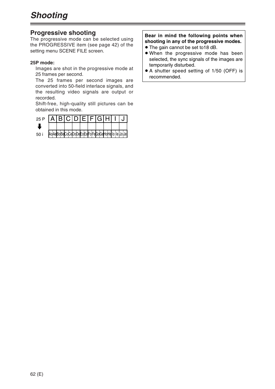 Shooting, Progressive shooting | Panasonic AG-DVX100A User Manual | Page 62 / 72