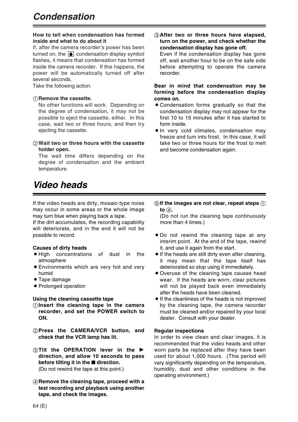 Condensation, Video heads | Panasonic AG-DVX100A User Manual | Page 64 / 72