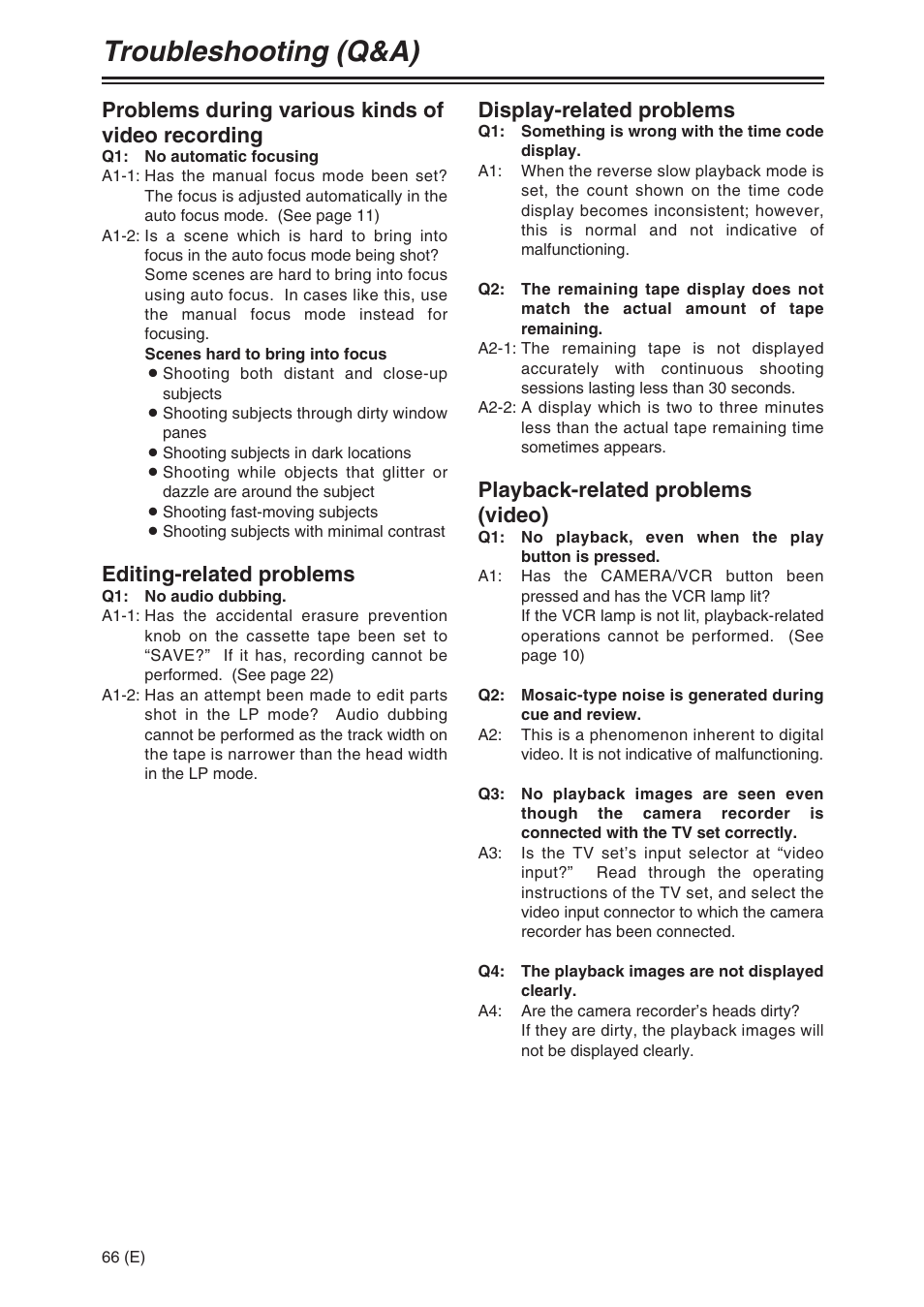 Troubleshooting (q&a), Problems during various kinds of video recording, Editing-related problems | Display-related problems, Playback-related problems (video) | Panasonic AG-DVX100A User Manual | Page 66 / 72