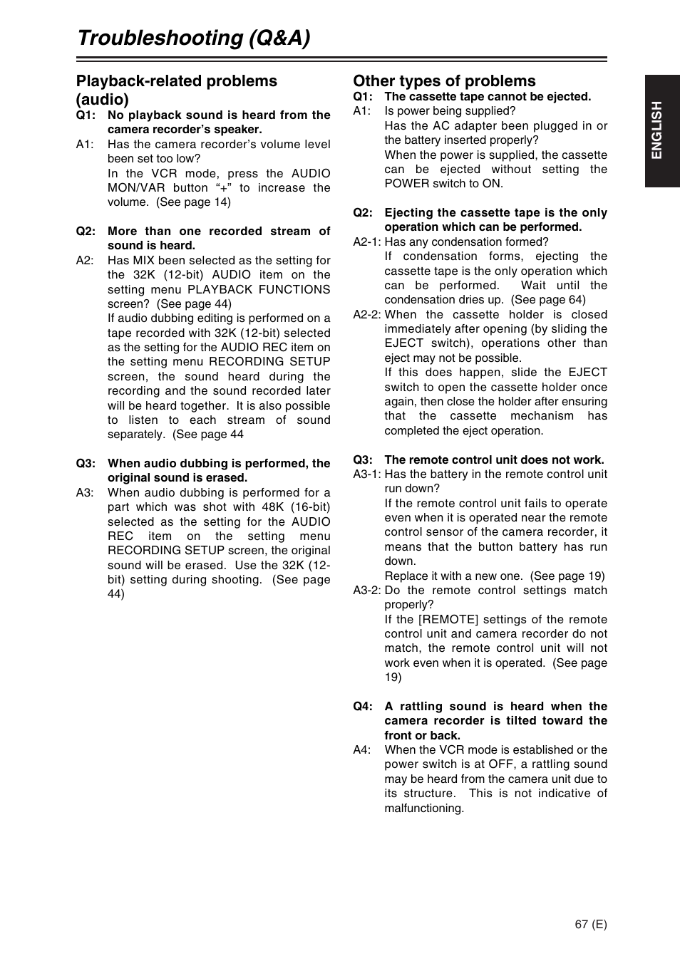 Troubleshooting (q&a), Other types of problems, Playback-related problems (audio) | Panasonic AG-DVX100A User Manual | Page 67 / 72