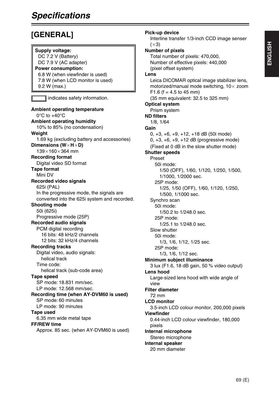 Specifications, General | Panasonic AG-DVX100A User Manual | Page 69 / 72
