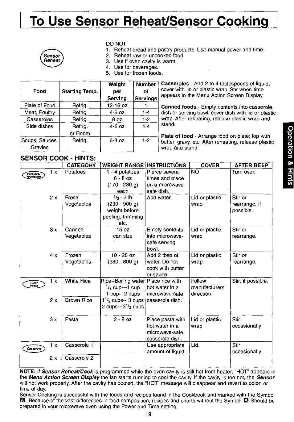 To use sensor reheat/sensor cooking, Sensor cook - hints, Category | Weight range, Instructions, Cover, After beep | Panasonic NN-C980w User Manual | Page 19 / 44