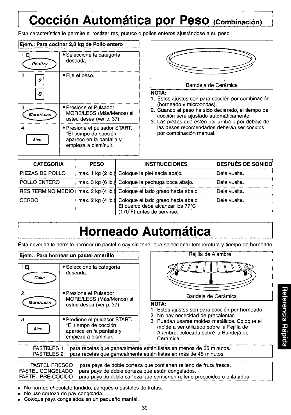 Cocción automática por peso (conibinación), Horneado automática, Ejem.: para hornear un pastel amarillo | Cocción automática por peso (combinación), Cocción automática por peso, Conibinación) | Panasonic NN-C980w User Manual | Page 39 / 44