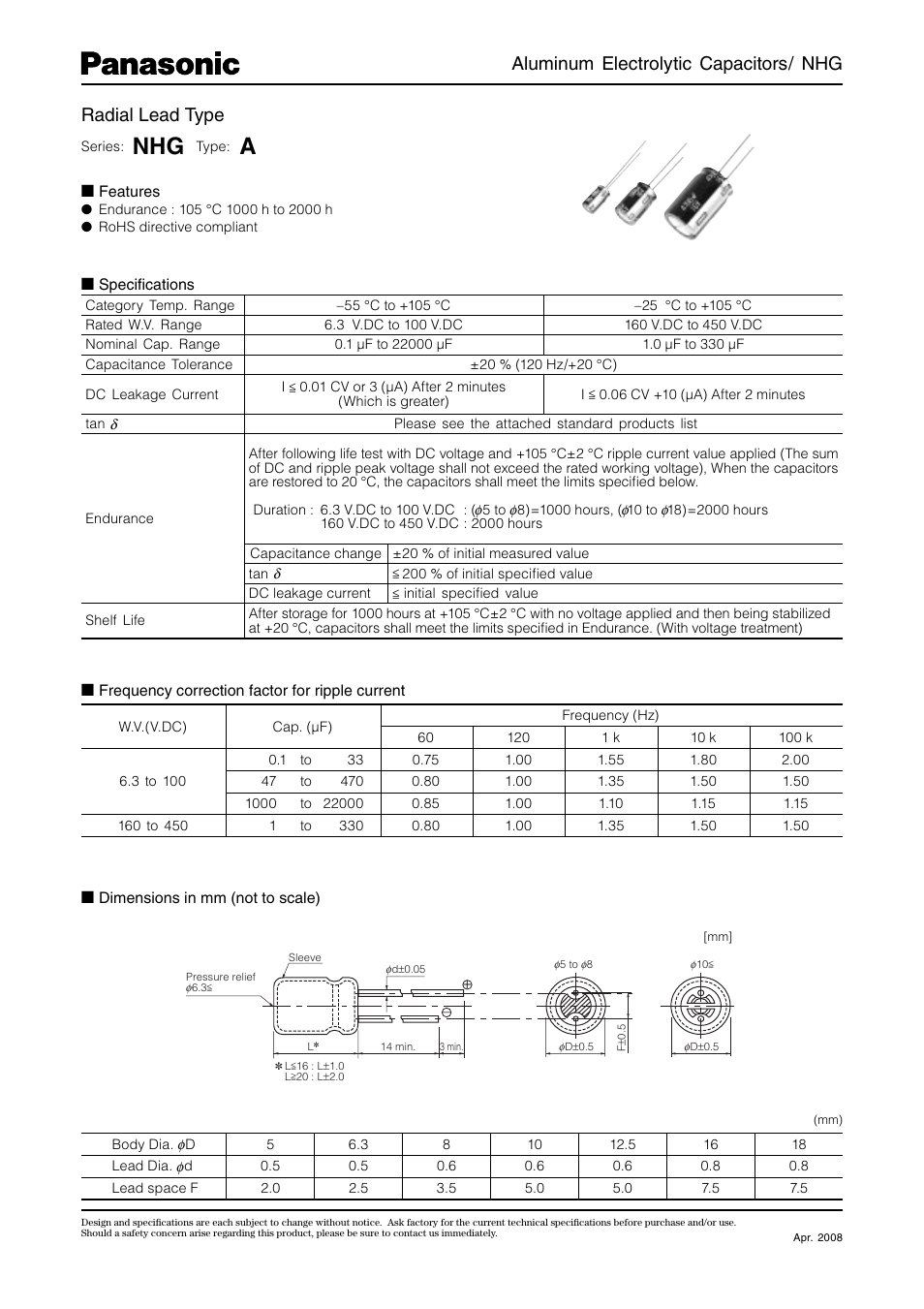 Panasonic Aluminum Electrolytic Capacitors NHG User Manual | 5 pages