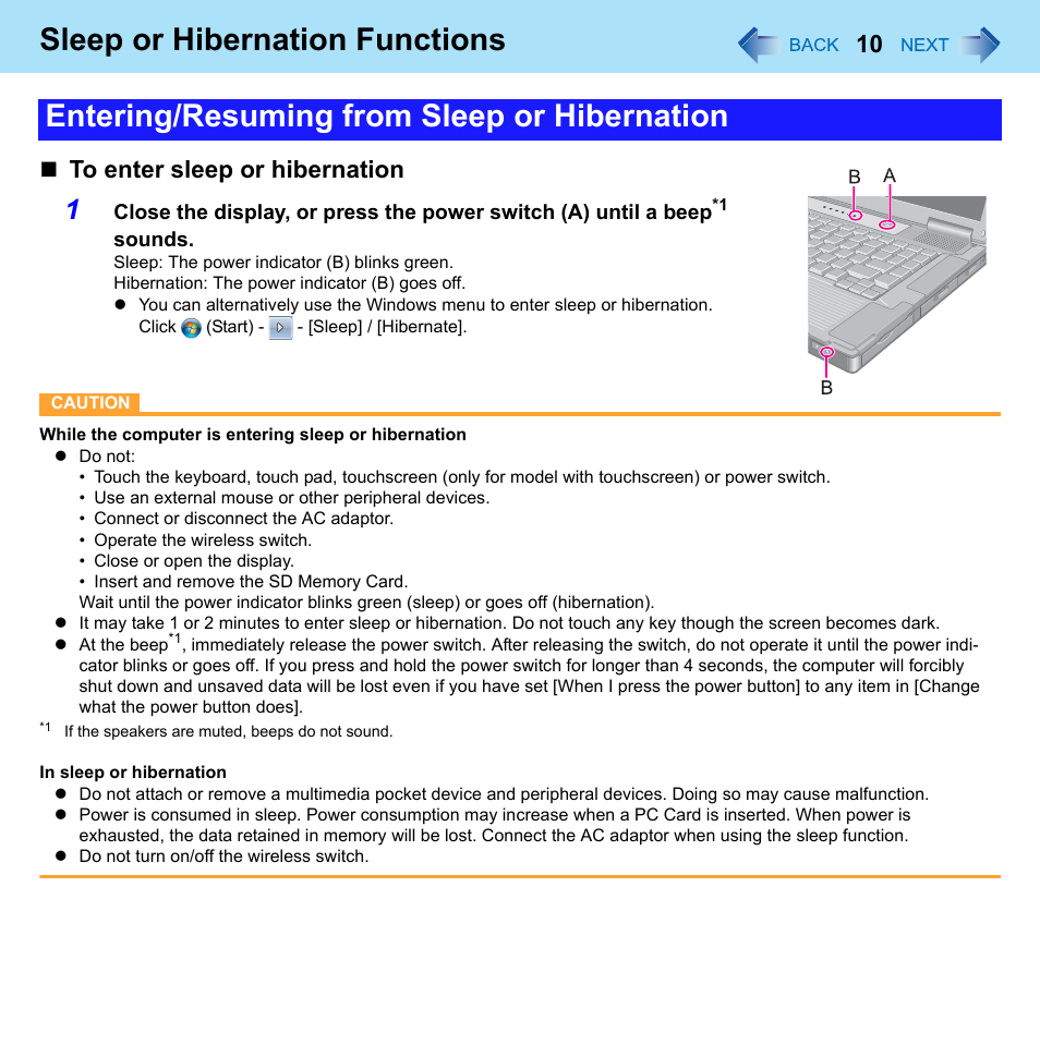 Sleep or hibernation functions, Entering/resuming from sleep or hibernation | Panasonic CF-52 Series User Manual | Page 10 / 106