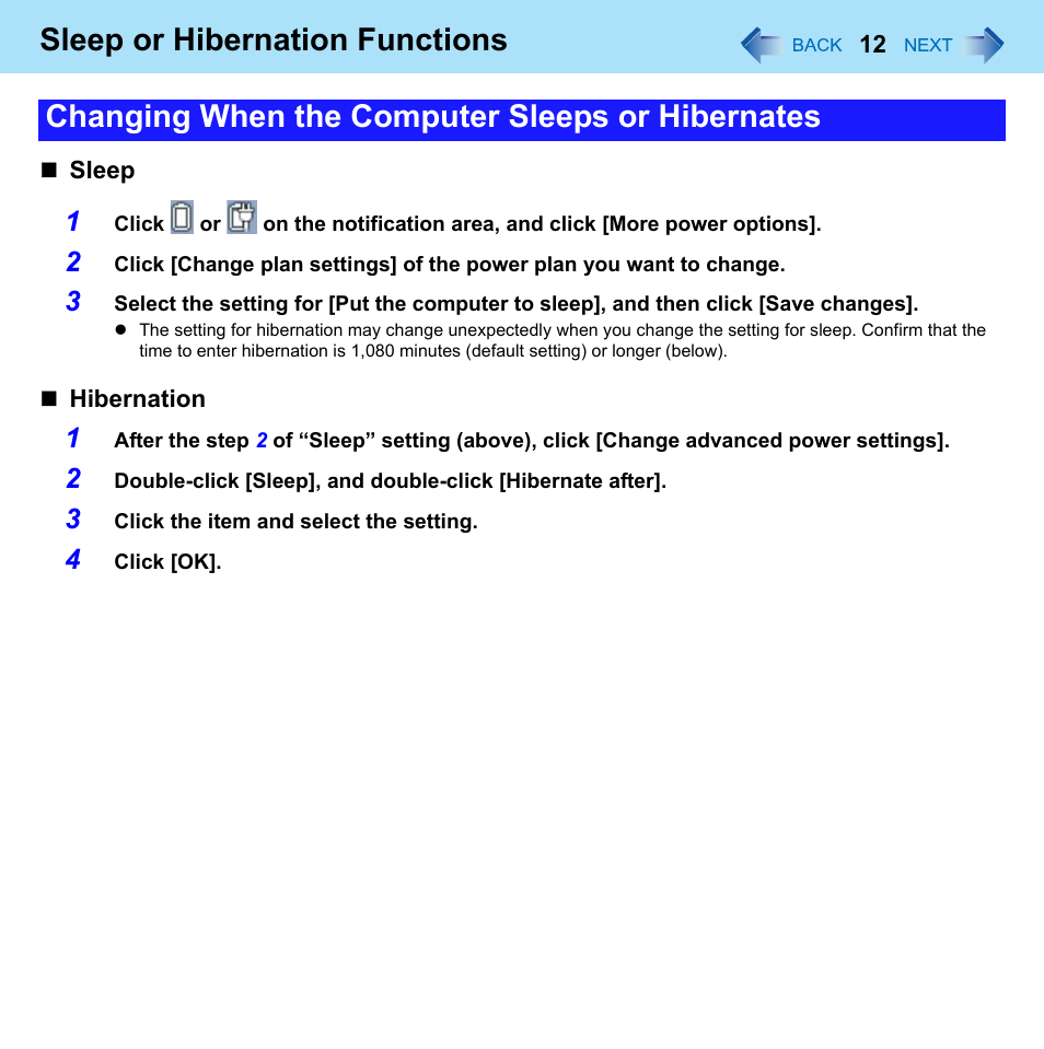 Sleep or hibernation functions, Changing when the computer sleeps or hibernates | Panasonic CF-52 Series User Manual | Page 12 / 106