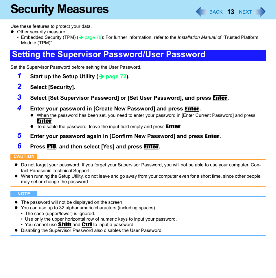 Security measures, Setting the supervisor password/user password | Panasonic CF-52 Series User Manual | Page 13 / 106