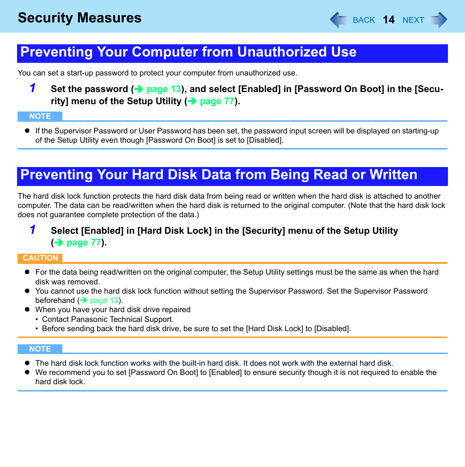 Security measures | Panasonic CF-52 Series User Manual | Page 14 / 106