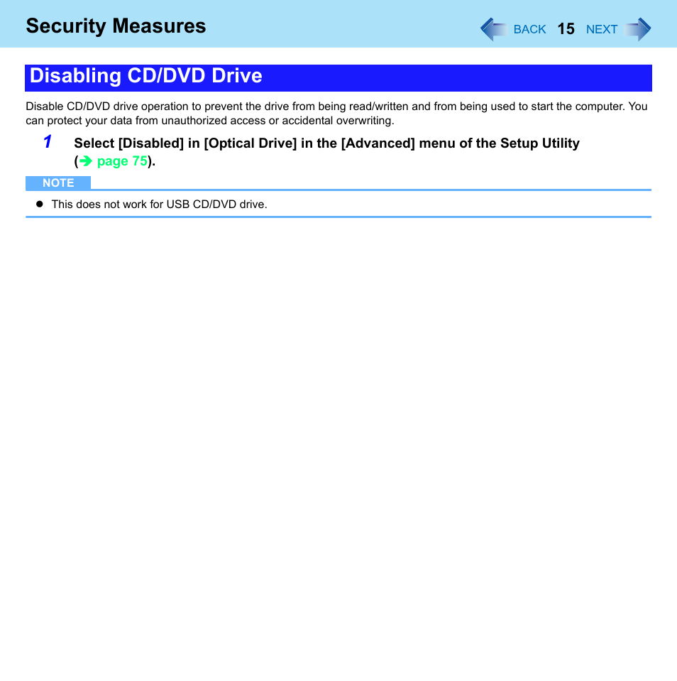 Security measures, Disabling cd/dvd drive | Panasonic CF-52 Series User Manual | Page 15 / 106