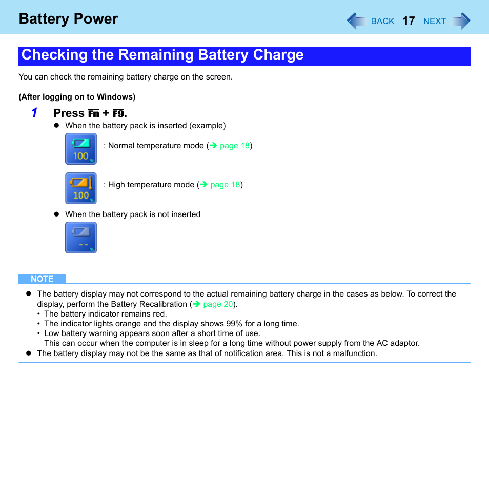 Battery power, Checking the remaining battery charge, Press | Panasonic CF-52 Series User Manual | Page 17 / 106