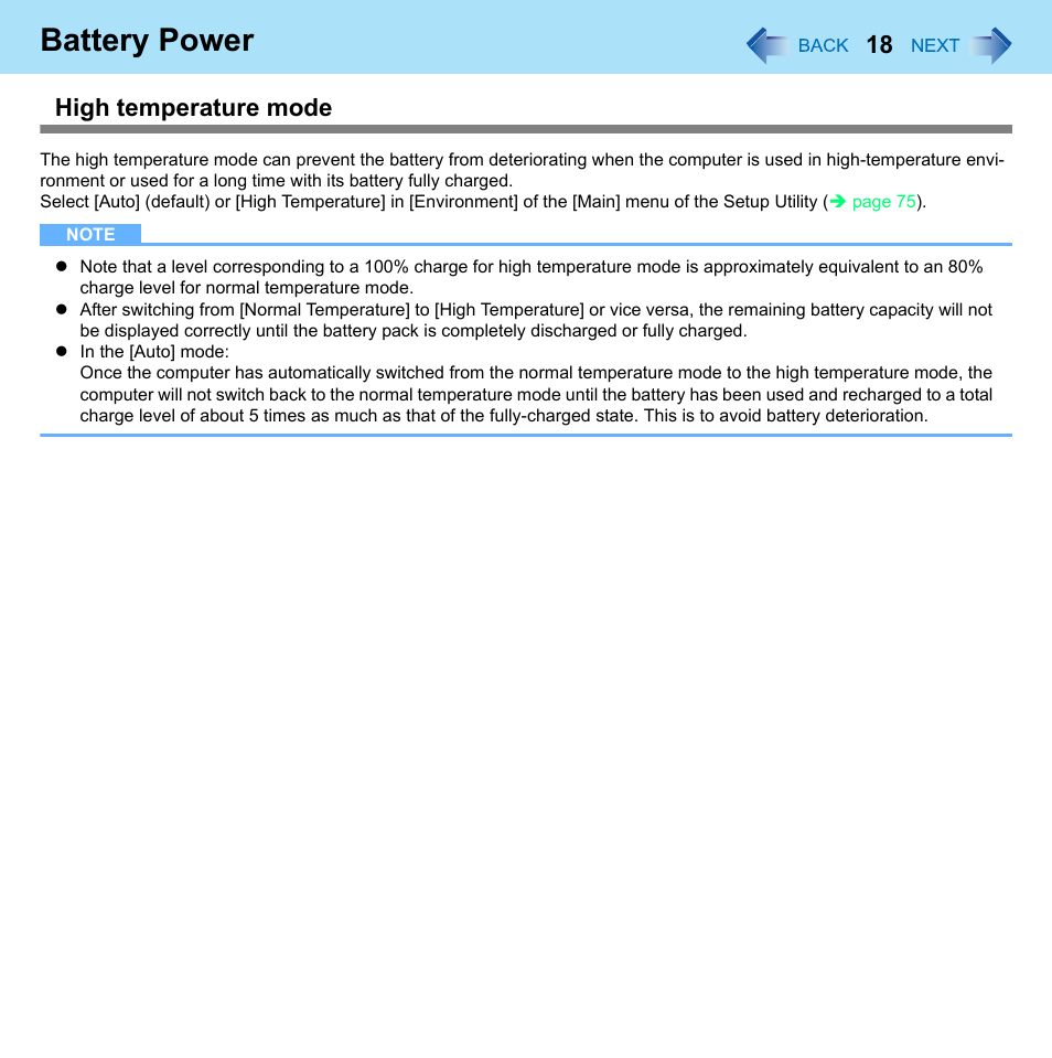 Battery power, High temperature mode | Panasonic CF-52 Series User Manual | Page 18 / 106