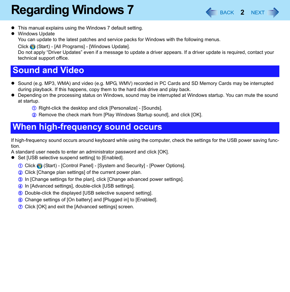 Regarding windows 7, Sound and video when high-frequency sound occurs | Panasonic CF-52 Series User Manual | Page 2 / 106