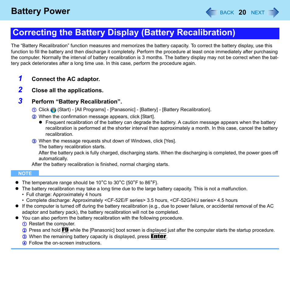 Battery power | Panasonic CF-52 Series User Manual | Page 20 / 106