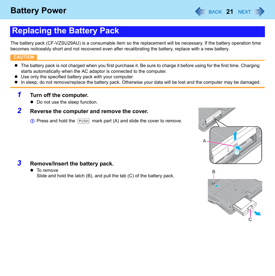 Battery power, Replacing the battery pack | Panasonic CF-52 Series User Manual | Page 21 / 106