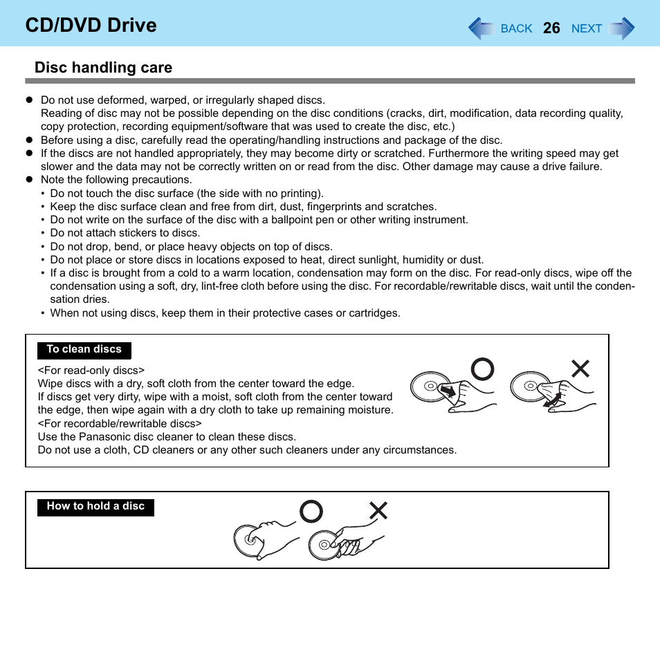 Cd/dvd drive, Disc handling care | Panasonic CF-52 Series User Manual | Page 26 / 106